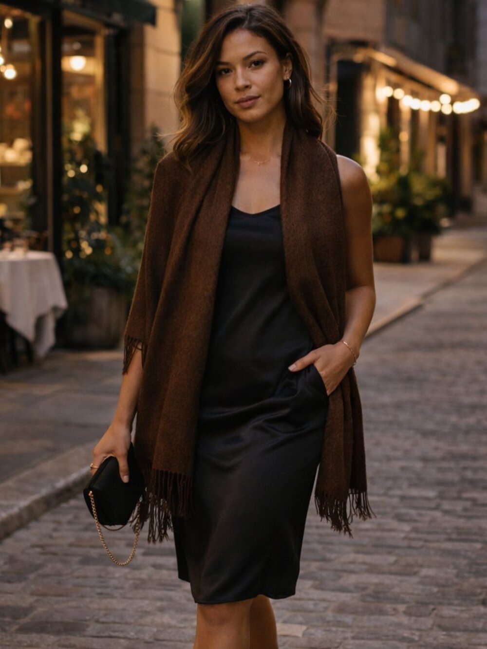 Vintage Chocolate Brown Woven Fringe Scarf Wrap Shawl 70 x 22.5